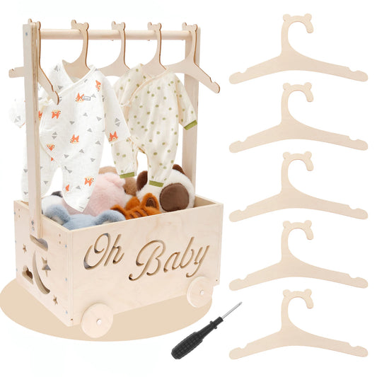 Wooden Baby Shower Box Wheel Equipped Baby Gear Pushable Storage Chest with Handle and Hanger for Clothes Diaper Toy