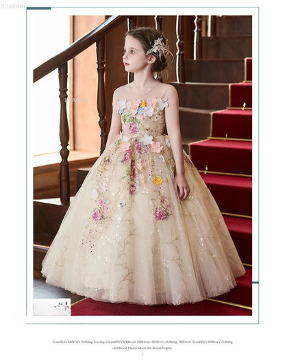 Elegant Girls Party Dress with Flowers for Girl Wedding Children Pageant Gown Dresses Little Host Piano Recital Flower Eids