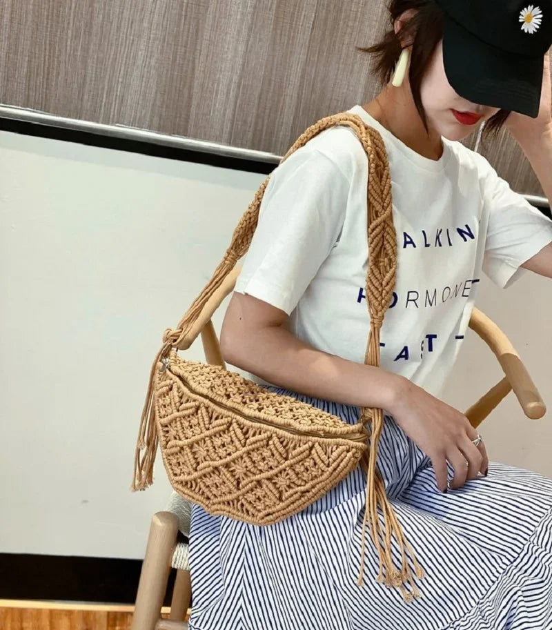 Women's Summer Beach Knitted Bag Bohemia Fanny Pack Fashion Ethnic Style Crochet Waist Bag Shoulder Bag Woven Outdoor Tote 2024