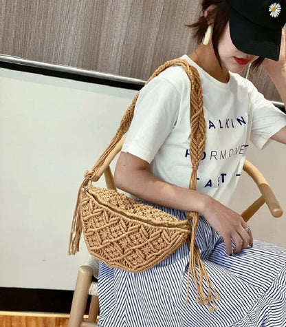Women's Summer Beach Knitted Bag Bohemia Fanny Pack Fashion Ethnic Style Crochet Waist Bag Shoulder Bag Woven Outdoor Tote 2024