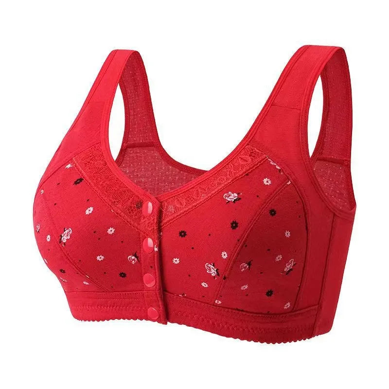 Women'S Underwear Without Steel Ring Bra Front Buckle Lace Border Printed Vest Bra Comfortable Soft Middle-Aged Elderly