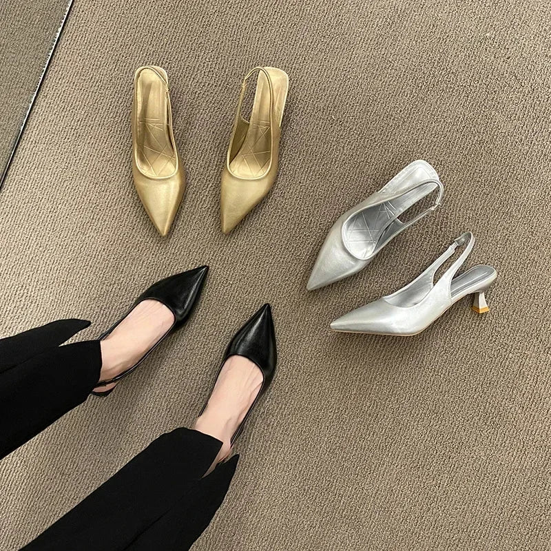 Fashion Female Shoes 2025 New Women's Pumps Solid Color Simple Mid Heel Shoes Sexy Pointed Toe Slingback Elegant Dress Shoes