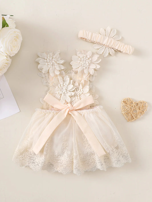 Girls Lace Flower Dress Set Sleeveless Skirt with Hair Accessory Luxury Style Baby Girl's Outfit
