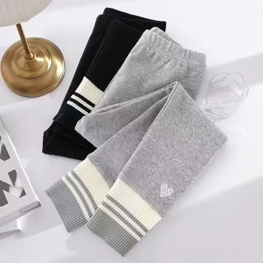 Girls Leggings Spring Autumn Casual Outerwear Pants 3-10Y Heart Pattern Ribbed Cuffs Kids Stretchy Tights Fashion Girls Bottoms