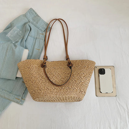 Women Woven Tote Bag Fashion Shoulder Bag Summer Beach Bags Trendy Braided Bag Simple Woven Handbag for Outdoor Travel