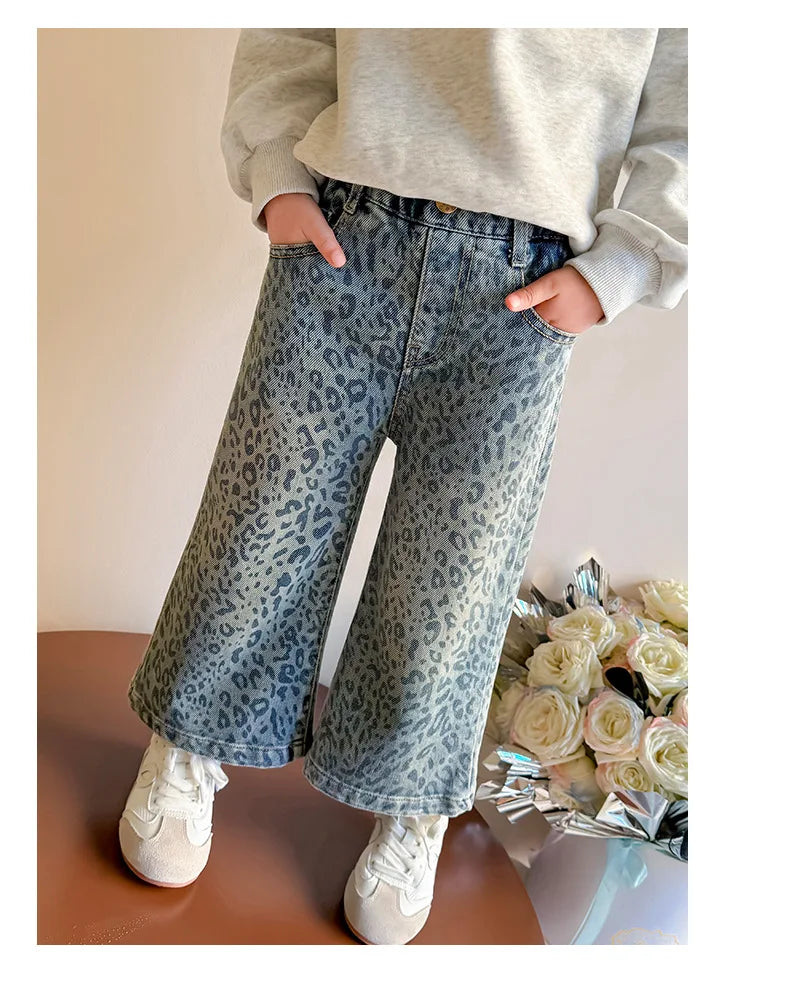 Girls' Pants 2025 New Children's Spring Clothing Spring and Autumn Fashionable Jeans Baby Girl Leopard Print Wide-leg Pants