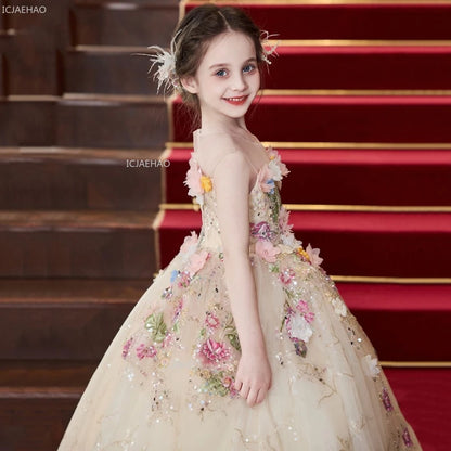 Elegant Girls Party Dress with Flowers for Girl Wedding Children Pageant Gown Dresses Little Host Piano Recital Flower Eids