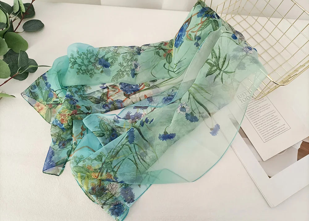 Women Elegant Chiffon Silk Scarves Fashion Versatile Flower Wraps Summer Beach Sunscreen Thin Scarf Georgette Bandana Hijab