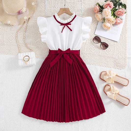 2026 Summer Fashion Summer Girls Dress Cute  Splicing Style Bow Sleeveless Princess Dresses For Kids Children Birthday Present