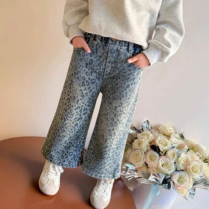 Girls' Pants 2025 New Children's Spring Clothing Spring and Autumn Fashionable Jeans Baby Girl Leopard Print Wide-leg Pants