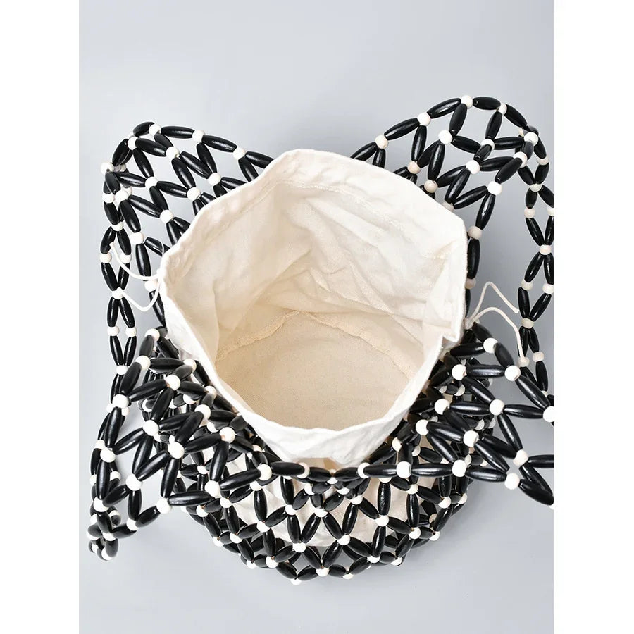 Women Woven Hand Bag Summer Design Hollow-out Wooden Bead Tote Bucket Shoulder Bag Female Reticulate Netted Canvas Beach Handbag