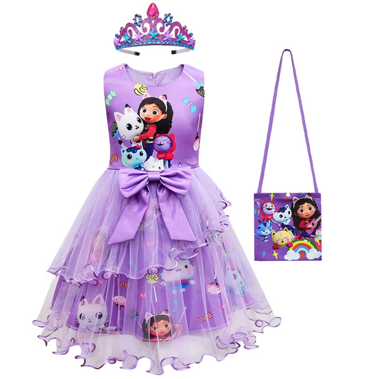Girl Dresses Gabby Cats Baby Party Kids Gabby's Doll House Clothes Cosplay Costume Children Sleeveless Dress + Headband Crown