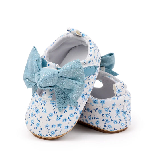 Infant Baby Girls Mary Jane Shoes Princess Floral Print Cute Big Bow Design Soft Non-Slip Baby First Walking Shoes
