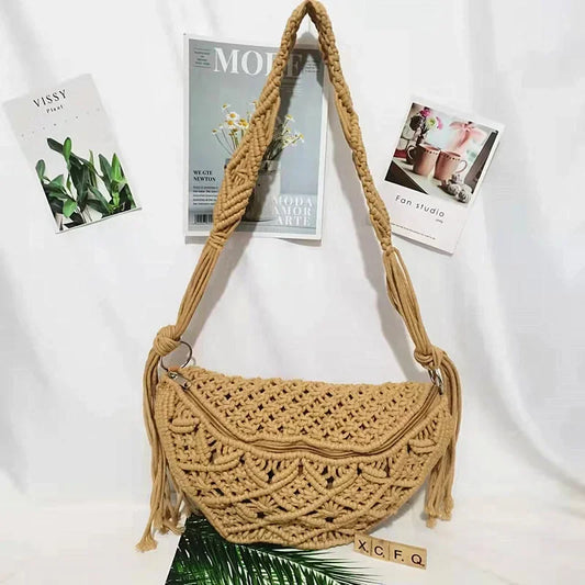 Women's Summer Beach Knitted Bag Bohemia Fanny Pack Fashion Ethnic Style Crochet Waist Bag Shoulder Bag Woven Outdoor Tote 2024