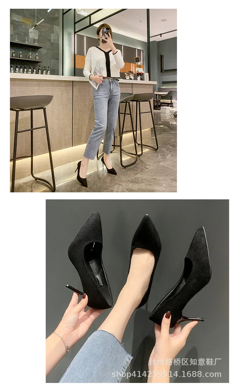 Women's Shoes Concise Flock High Heels Women Pumps Pointed Toe Classic Red Gray Ladies Wedding Shoes Office Big Size 34-43