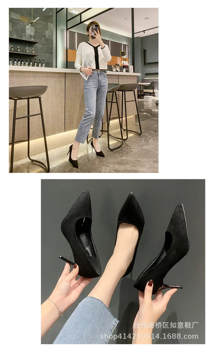 Women's Shoes Concise Flock High Heels Women Pumps Pointed Toe Classic Red Gray Ladies Wedding Shoes Office Big Size 34-43