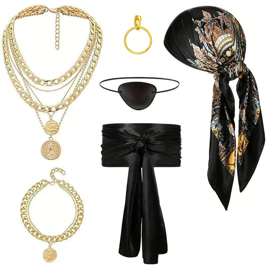 Women Pirate Accessories Headscarf Necklace Belt Eye Patch Set Outfit for Halloween Party Medieval Viking Warrior Dress Up