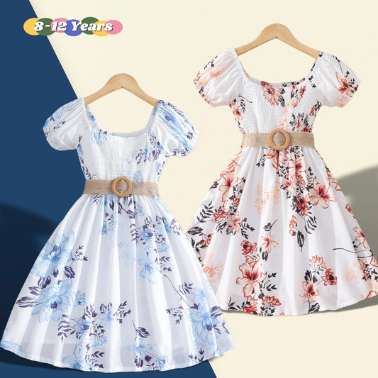 Girl Dresses New Summer 8-12Yrs Short Sleeve Belt Silk Fashion Floral Casual Birthday Party Girls Gown