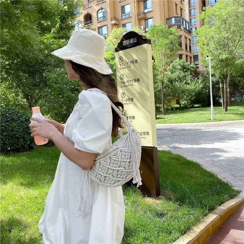 Women's Summer Beach Knitted Bag Bohemia Fanny Pack Fashion Ethnic Style Crochet Waist Bag Shoulder Bag Woven Outdoor Tote 2024