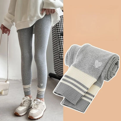 Girls Leggings Spring Autumn Casual Outerwear Pants 3-10Y Heart Pattern Ribbed Cuffs Kids Stretchy Tights Fashion Girls Bottoms