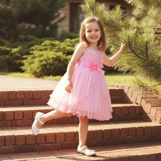 3-10Y Summer Little Girl Flower Dress Square Neck Sleeveless Princess Tulle Mesh Dresses for Wedding Party