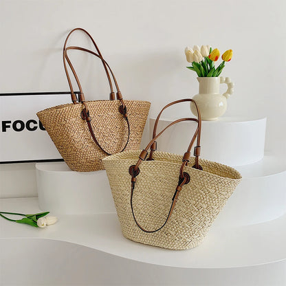 Women Woven Tote Bag Fashion Shoulder Bag Summer Beach Bags Trendy Braided Bag Simple Woven Handbag for Outdoor Travel