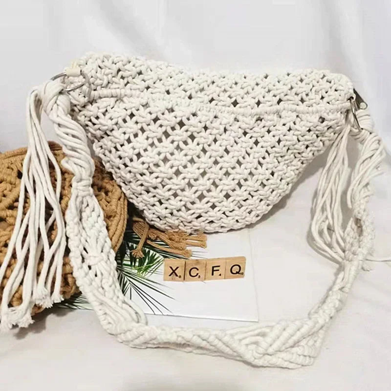 Women's Summer Beach Knitted Bag Bohemia Fanny Pack Fashion Ethnic Style Crochet Waist Bag Shoulder Bag Woven Outdoor Tote 2024