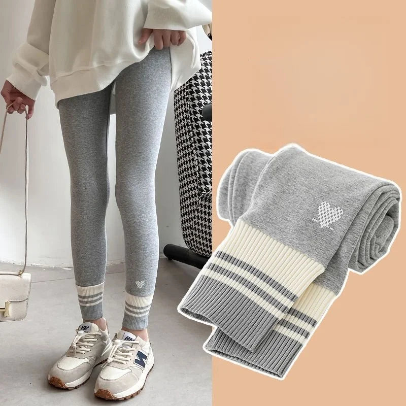 Girls Leggings Spring Autumn Casual Outerwear Pants 3-10Y Heart Pattern Ribbed Cuffs Kids Stretchy Tights Fashion Girls Bottoms