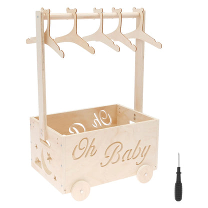 Wooden Baby Shower Box Wheel Equipped Baby Gear Pushable Storage Chest with Handle and Hanger for Clothes Diaper Toy