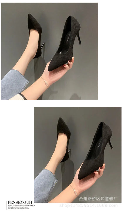 Women's Shoes Concise Flock High Heels Women Pumps Pointed Toe Classic Red Gray Ladies Wedding Shoes Office Big Size 34-43