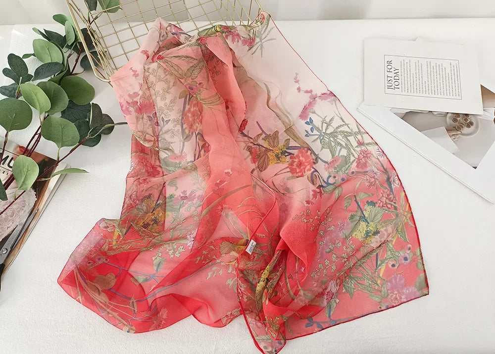 Women Elegant Chiffon Silk Scarves Fashion Versatile Flower Wraps Summer Beach Sunscreen Thin Scarf Georgette Bandana Hijab
