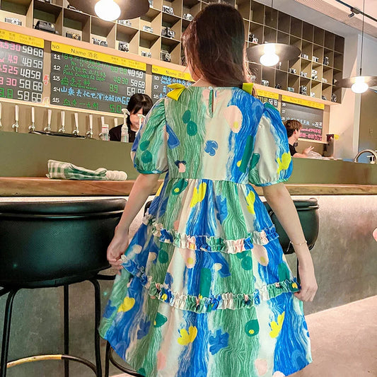 Summer Dress Girl Korean Style Sweet Floral Print Casual Kids Ruched Dresses Toddler Girls Clothes 4 5 6 7 8 9 10 12 14 Year Old