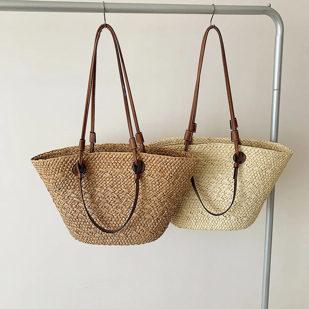 Women Woven Tote Bag Fashion Shoulder Bag Summer Beach Bags Trendy Braided Bag Simple Woven Handbag for Outdoor Travel