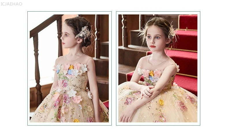 Elegant Girls Party Dress with Flowers for Girl Wedding Children Pageant Gown Dresses Little Host Piano Recital Flower Eids