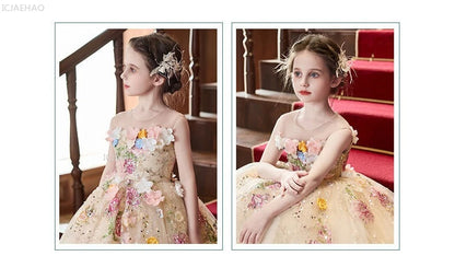 Elegant Girls Party Dress with Flowers for Girl Wedding Children Pageant Gown Dresses Little Host Piano Recital Flower Eids