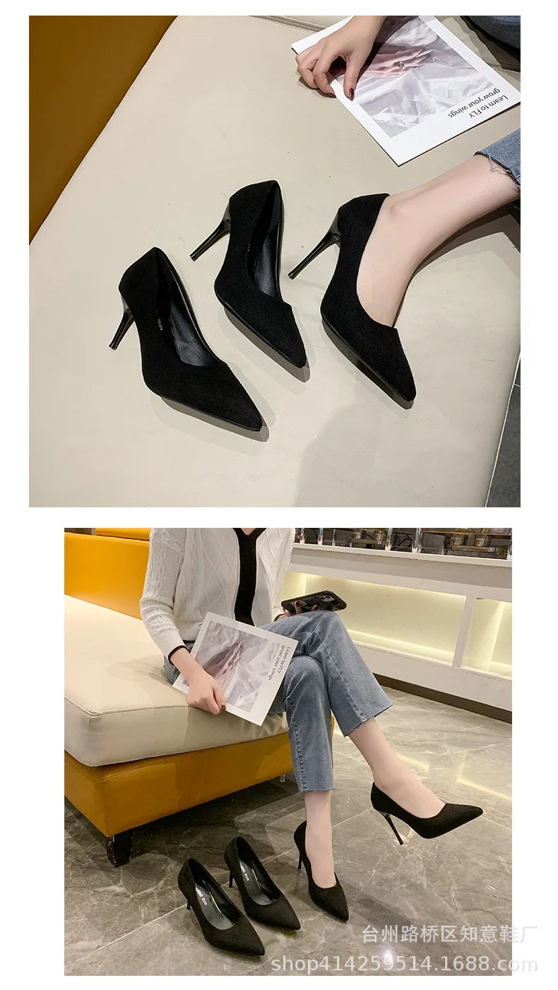 Women's Shoes Concise Flock High Heels Women Pumps Pointed Toe Classic Red Gray Ladies Wedding Shoes Office Big Size 34-43