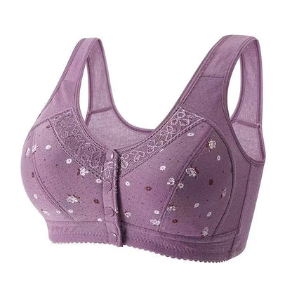 Women'S Underwear Without Steel Ring Bra Front Buckle Lace Border Printed Vest Bra Comfortable Soft Middle-Aged Elderly