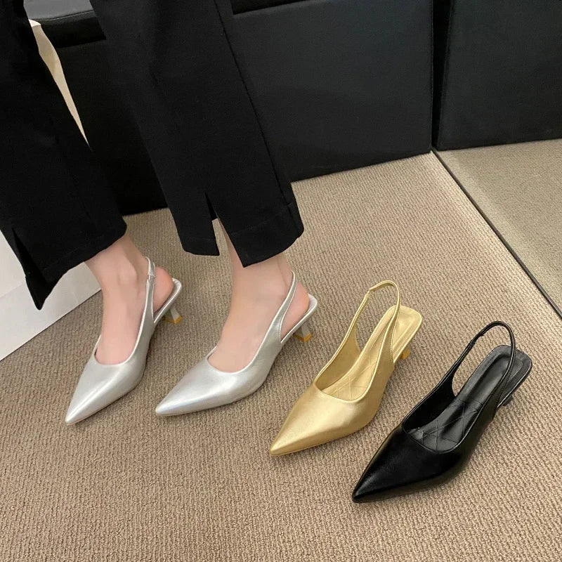 Fashion Female Shoes 2025 New Women's Pumps Solid Color Simple Mid Heel Shoes Sexy Pointed Toe Slingback Elegant Dress Shoes