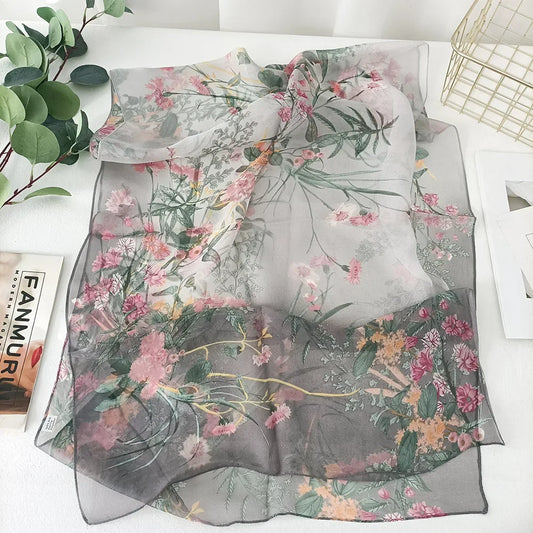 Women Elegant Chiffon Silk Scarves Fashion Versatile Flower Wraps Summer Beach Sunscreen Thin Scarf Georgette Bandana Hijab