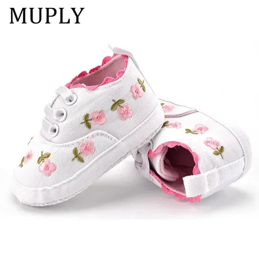 Baby Girls Shoes White Pink Floral Embroidered Soft Soles Shoes Prewalker Walking Toddler Casual Kids Shoes For Dropshipping