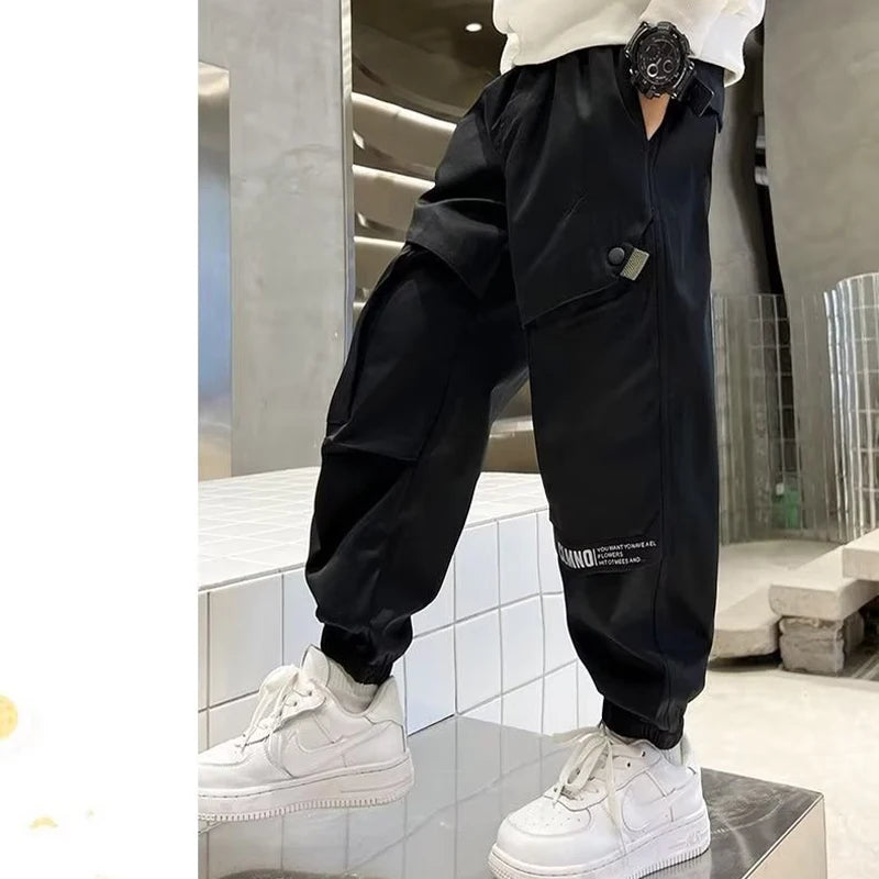 Boys Fashion Letter Print Cotton Cargo Pants 5-14 Years Spring Autumn Casual Sweatpants for Daily Outdoor Kids Clothes