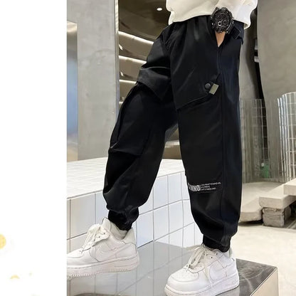 Boys Fashion Letter Print Cotton Cargo Pants 5-14 Years Spring Autumn Casual Sweatpants for Daily Outdoor Kids Clothes