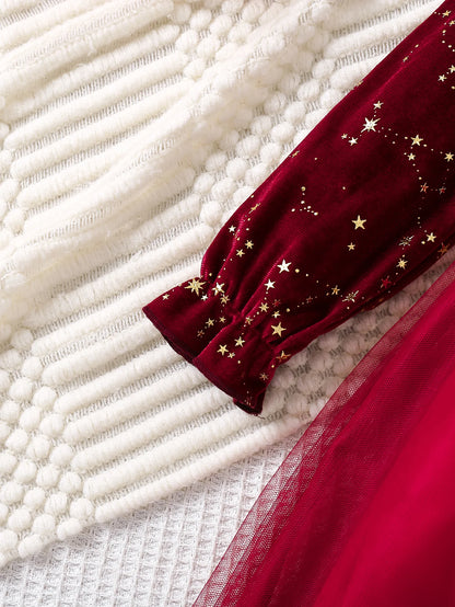 Toddler Girl Party Dress Autumn Winter 1-8 Years Children Christmas And New Year Princess Dress Red Velvet Gown Stars Mesh Dress