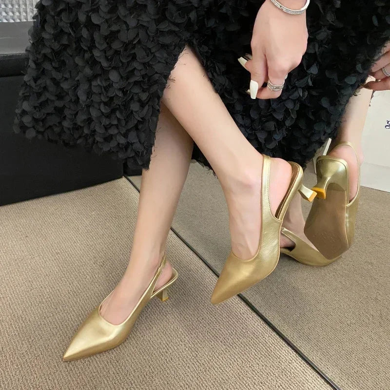 Fashion Female Shoes 2025 New Women's Pumps Solid Color Simple Mid Heel Shoes Sexy Pointed Toe Slingback Elegant Dress Shoes