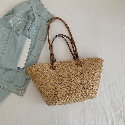 Women Woven Tote Bag Fashion Shoulder Bag Summer Beach Bags Trendy Braided Bag Simple Woven Handbag for Outdoor Travel
