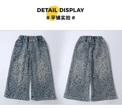 Girls' Pants 2025 New Children's Spring Clothing Spring and Autumn Fashionable Jeans Baby Girl Leopard Print Wide-leg Pants