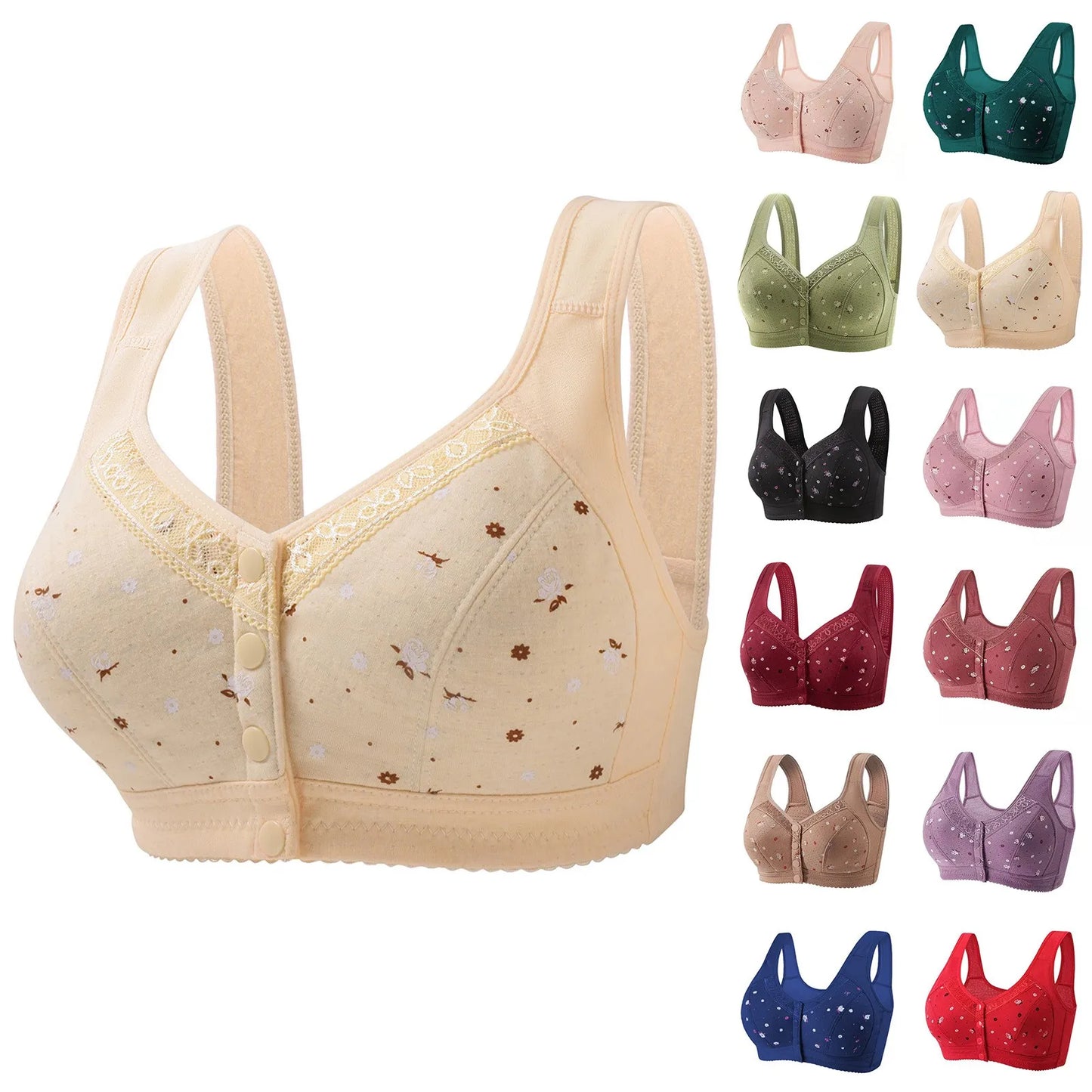 Women'S Underwear Without Steel Ring Bra Front Buckle Lace Border Printed Vest Bra Comfortable Soft Middle-Aged Elderly