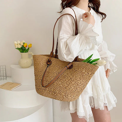 Women Woven Tote Bag Fashion Shoulder Bag Large Capacity Summer Beach Bags Simple Woven Handbag Chic Hobo Bag for Outdoor Travel