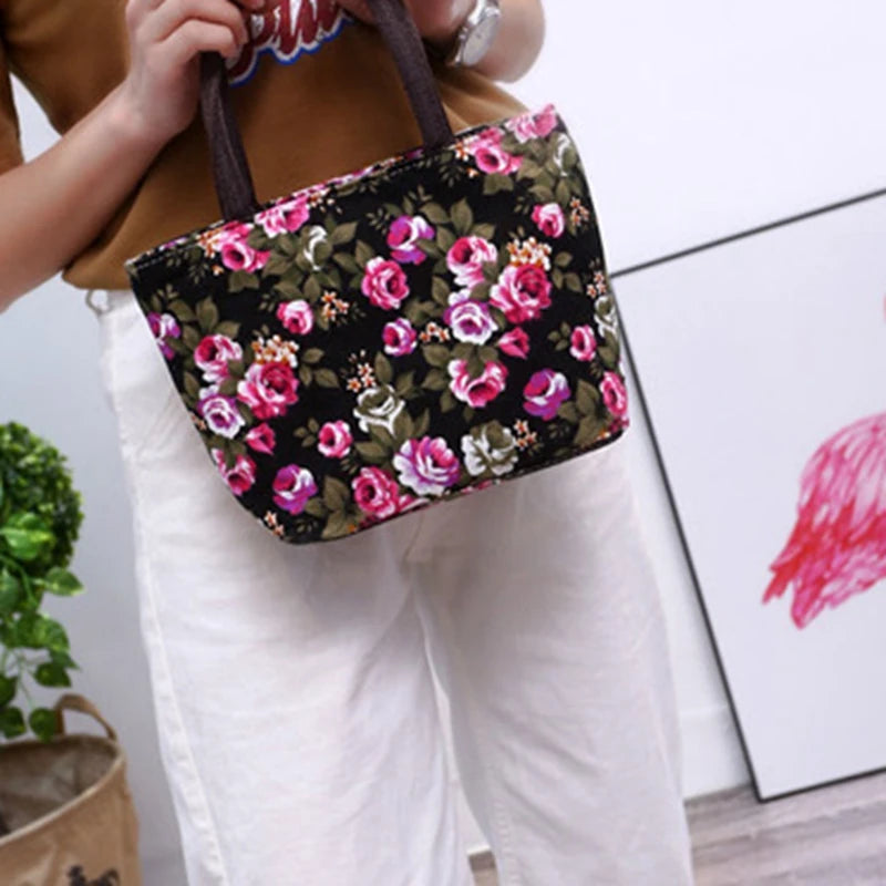 Women's Handbag Rose Print Fashion Casual Canvas Bag For Ladies Spring and Autumn 2024 New Travel Portable Bag