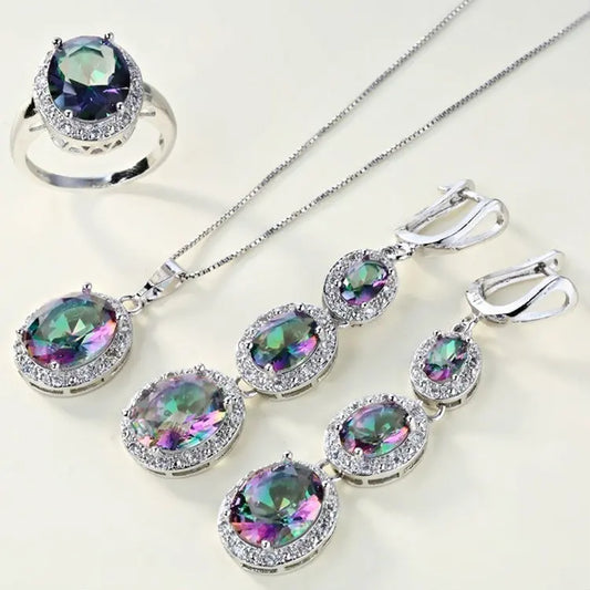 Women's Rainbow Stone Jewelry Set: Necklace, Pendant, Ring & Earrings, Fashion Party Jewelry